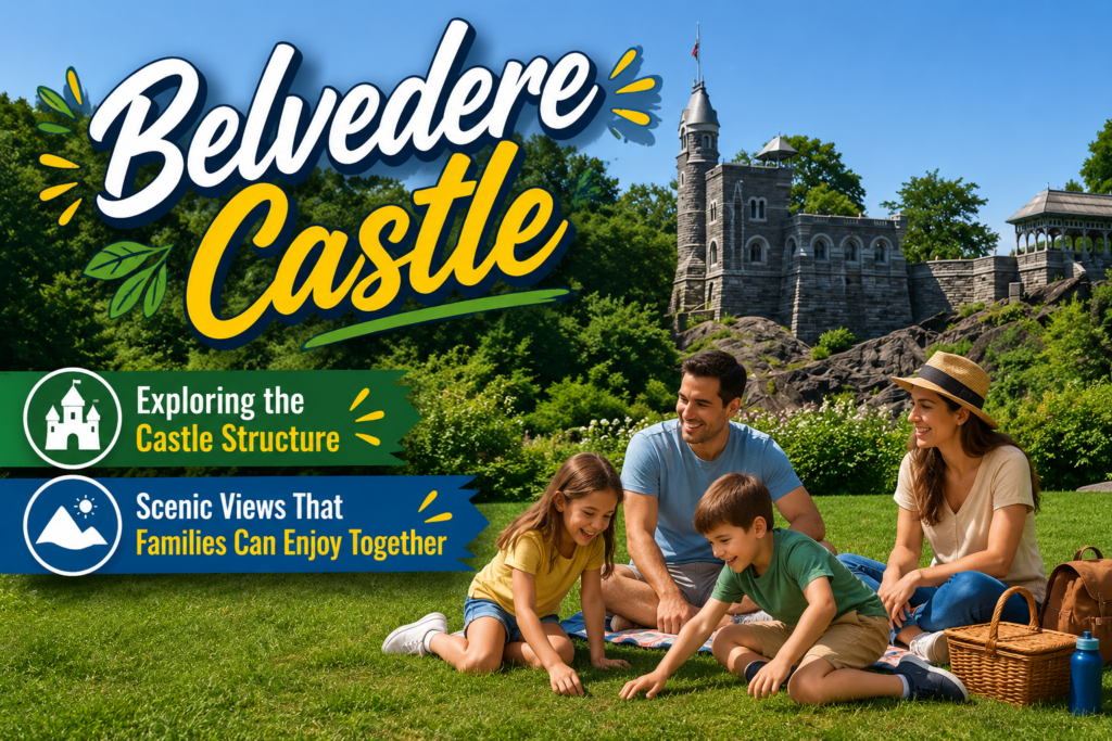 Family relaxes on Central Park grass near Belvedere Castle as children play happily, while parents enjoy scenic views and peaceful surroundings together.