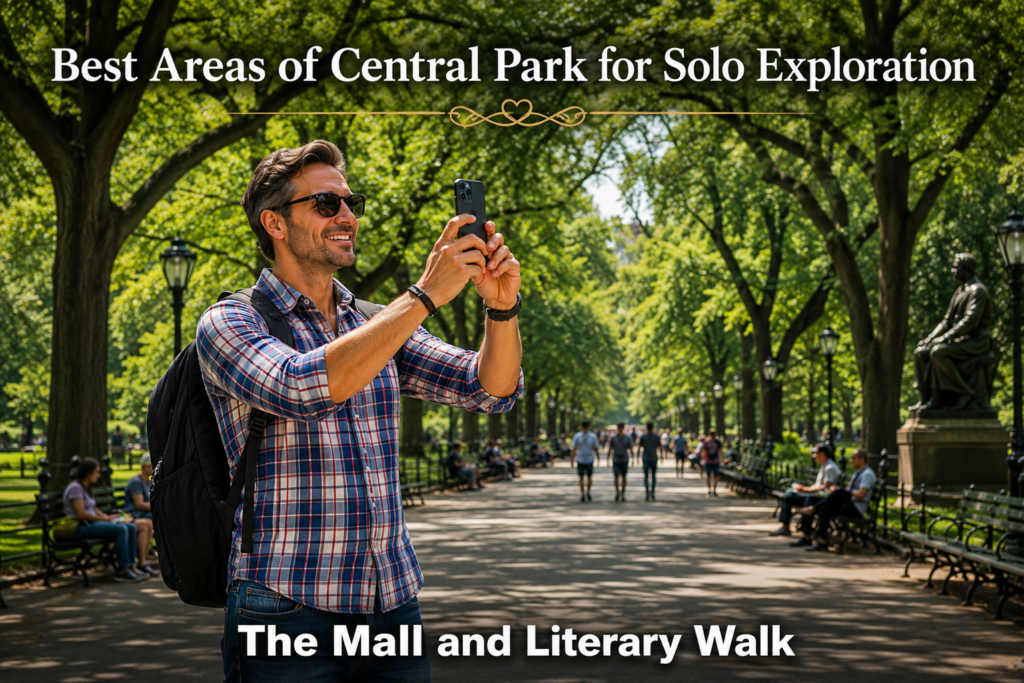 Solo traveler exploring Central Park's Mall and Literary Walk, filming with smartphone while smiling. Tree-lined promenade, backpack, casual attire, and vibrant atmosphere create memorable New York sightseeing experience.