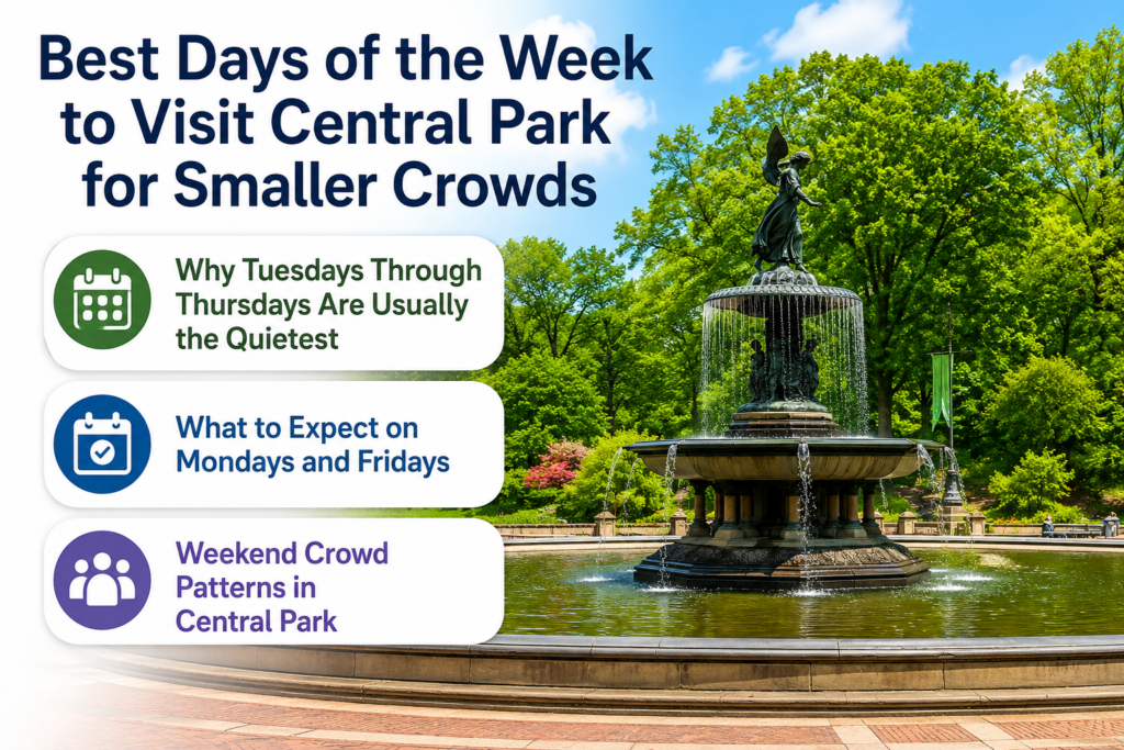 Bright Bethesda Fountain infographic showing minimal crowds, highlighting best weekday visits, quiet Tuesdays through Thursdays, Monday and Friday expectations, and weekend crowd patterns.