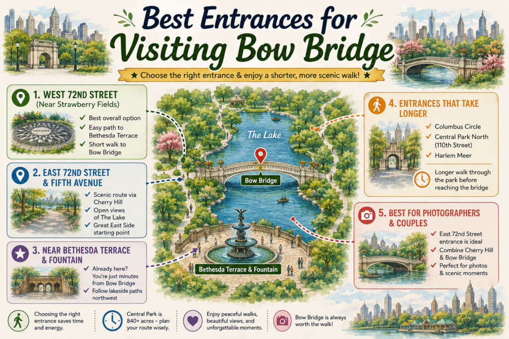 Best entrances infographic highlighting West 72nd Street, East 72nd Street, Bethesda Terrace, Cherry Hill, Bow Bridge, scenic walking routes, and landmarks.
