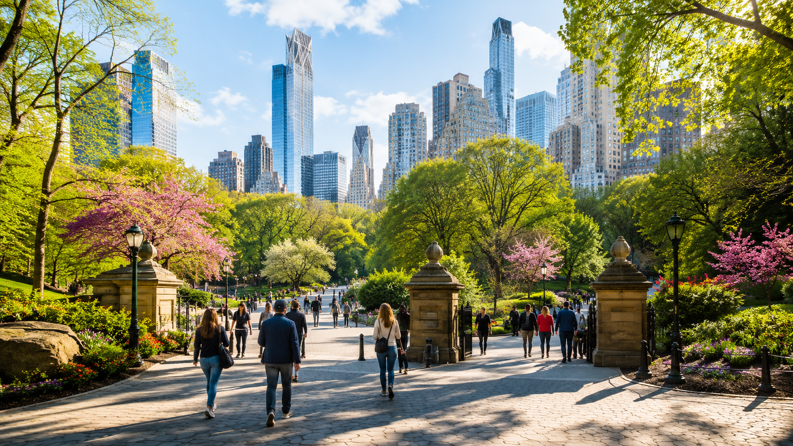 Central Park entrance with wide pedestrian pathways, blooming spring flowers, lush green trees, visitors entering from multiple directions, and Manhattan skyline rising behind, creating a bright, welcoming New York City scene.