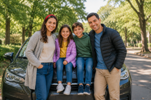 Happy family of four wearing matching outfits stands beside their sedan, children sitting on the hood excitedly, smiling before departing for a memorable Central Park adventure on a bright, sunny day.
