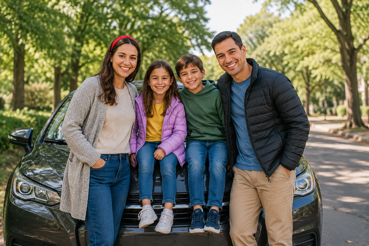 Happy family of four wearing matching outfits stands beside their sedan, children sitting on the hood excitedly, smiling before departing for a memorable Central Park adventure on a bright, sunny day.