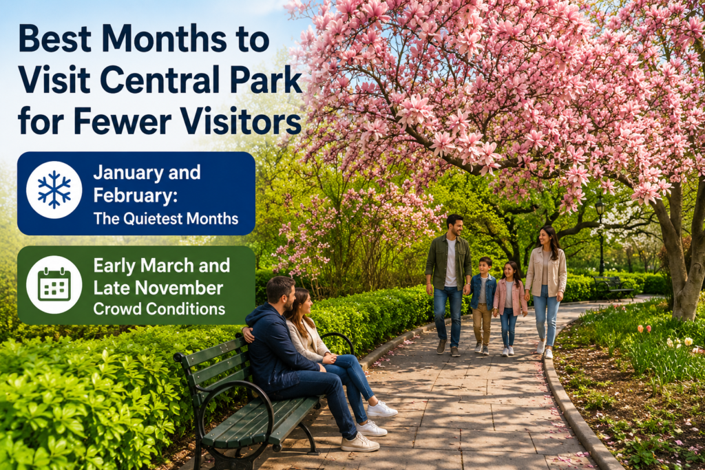 Spring Central Park pathway with blooming pink trees, couple on bench, family walking, infographic highlighting quietest months including January, February, early March, and late November.
