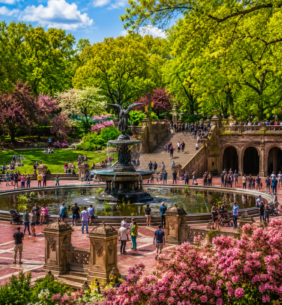Bethesda Fountain in Central Park surrounded by vibrant gardens, historic terraces, colorful spring trees, reflecting pool, and visitors enjoying the iconic Angel of the Waters landmark.