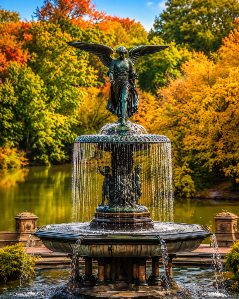 Bethesda Fountain in Central Park featuring the iconic Angel of the Waters statue, cascading water, vibrant autumn trees, peaceful lake reflections, and beautifully landscaped surroundings under warm natural daylight.