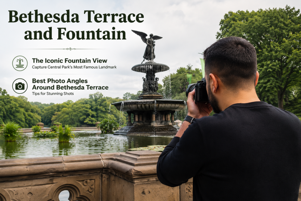 An Iraqi man photographs Bethesda Terrace and Fountain from behind, capturing the iconic Angel of the Waters statue, cascading fountain, tranquil pond, lush trees, and scenic surroundings beneath an overcast sky.