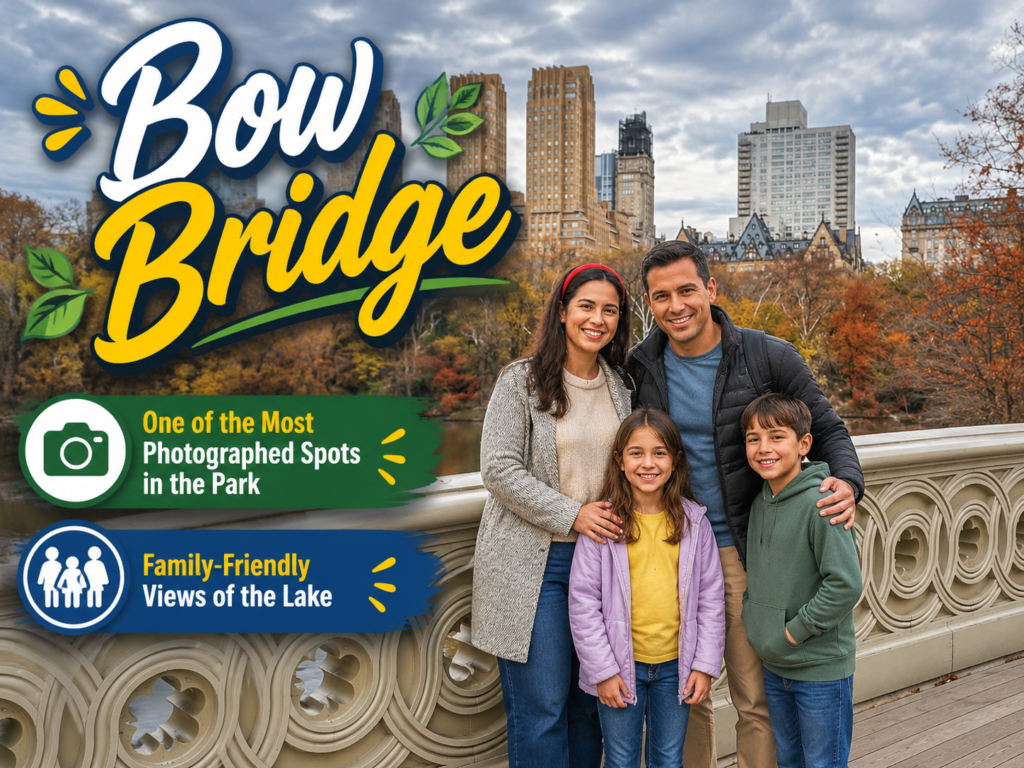 Family of four poses together on Bow Bridge in Central Park, surrounded by autumn scenery, overlooking the lake, creating lasting memories at one of New York's most photographed family-friendly locations.