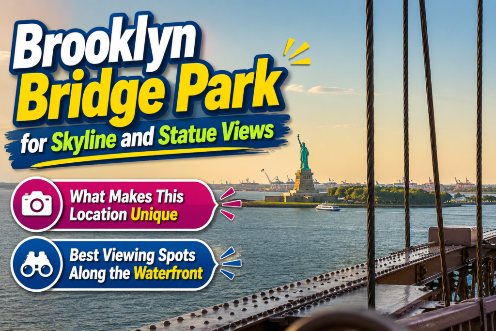 Brooklyn Bridge viewpoint overlooking the Statue of Liberty with colorful captions highlighting unique skyline perspectives and the best waterfront viewing spots.