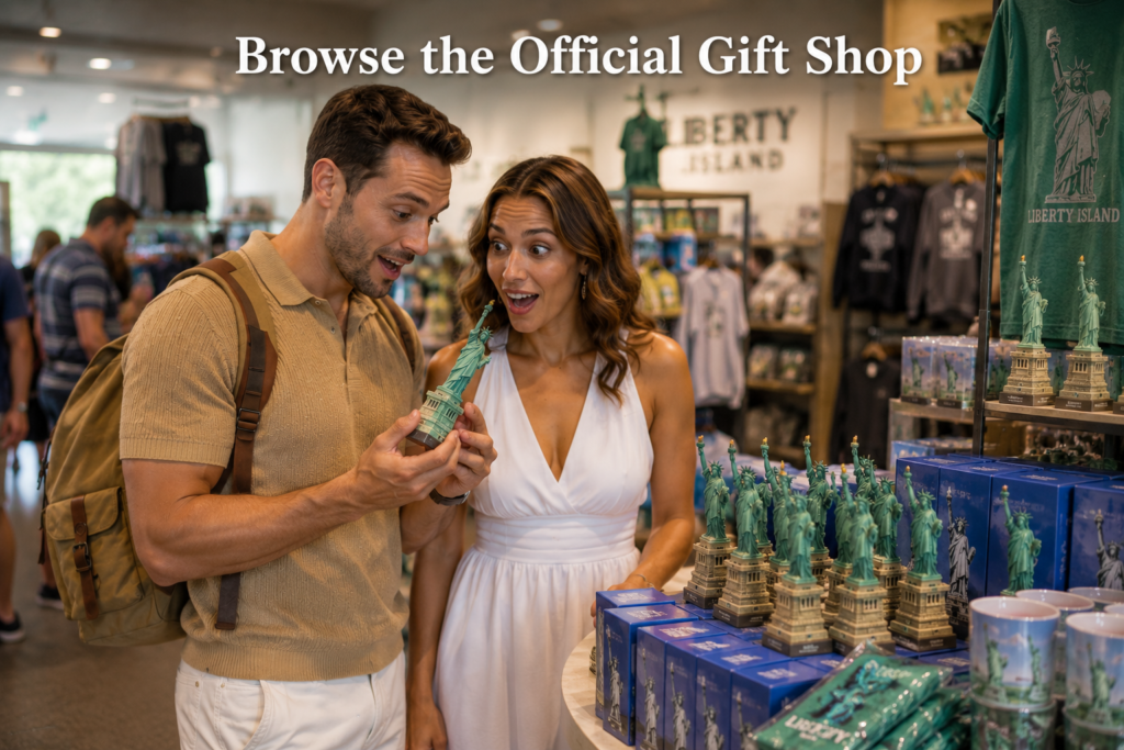 Smiling couple browsing the official Liberty Island gift shop, admiring a Statue of Liberty souvenir model with delighted expressions while exploring authentic keepsakes during their visit.