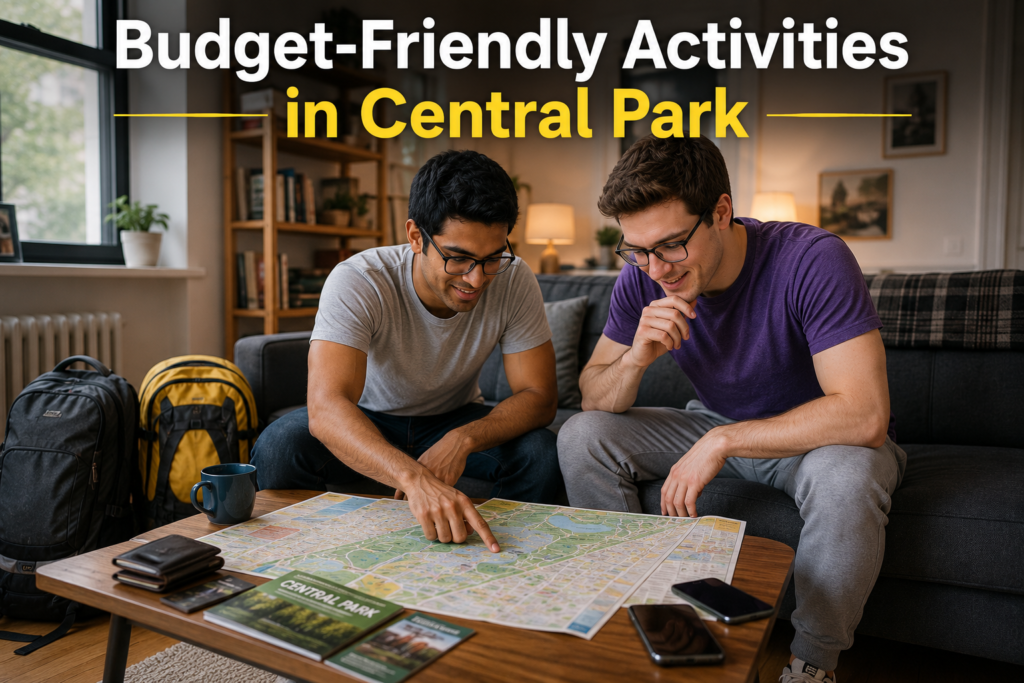 Two college students wearing eyeglasses plan a budget-friendly Central Park trip at home with backpacks, wallets, smartphones, and a map, preparing for an affordable day of sightseeing and outdoor activities.