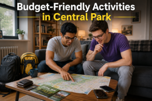 Two college students wearing eyeglasses plan a budget-friendly Central Park trip at home with backpacks, wallets, smartphones, and a map, preparing for an affordable day of sightseeing and outdoor activities.
