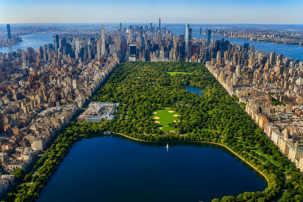 Aerial view of Central Park surrounded by Manhattan skyscrapers, featuring the reservoir, lush greenery, winding pathways, open lawns, sparkling water, and a vibrant New York City skyline under bright blue skies.