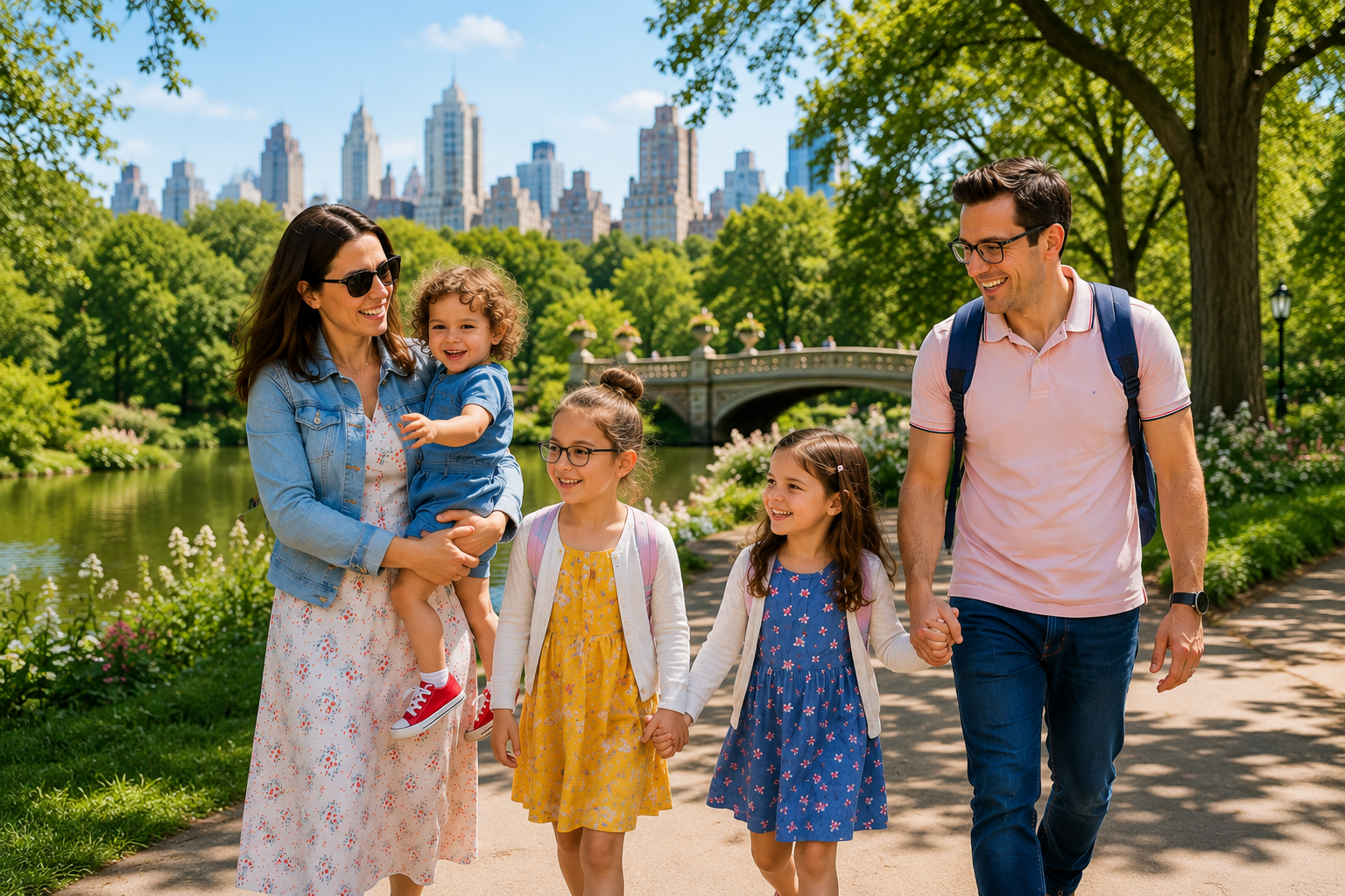 Happy family of five enjoys a sunny walk through Central Park, smiling beside a scenic lake and bridge, surrounded by lush greenery with New York skyline in background.