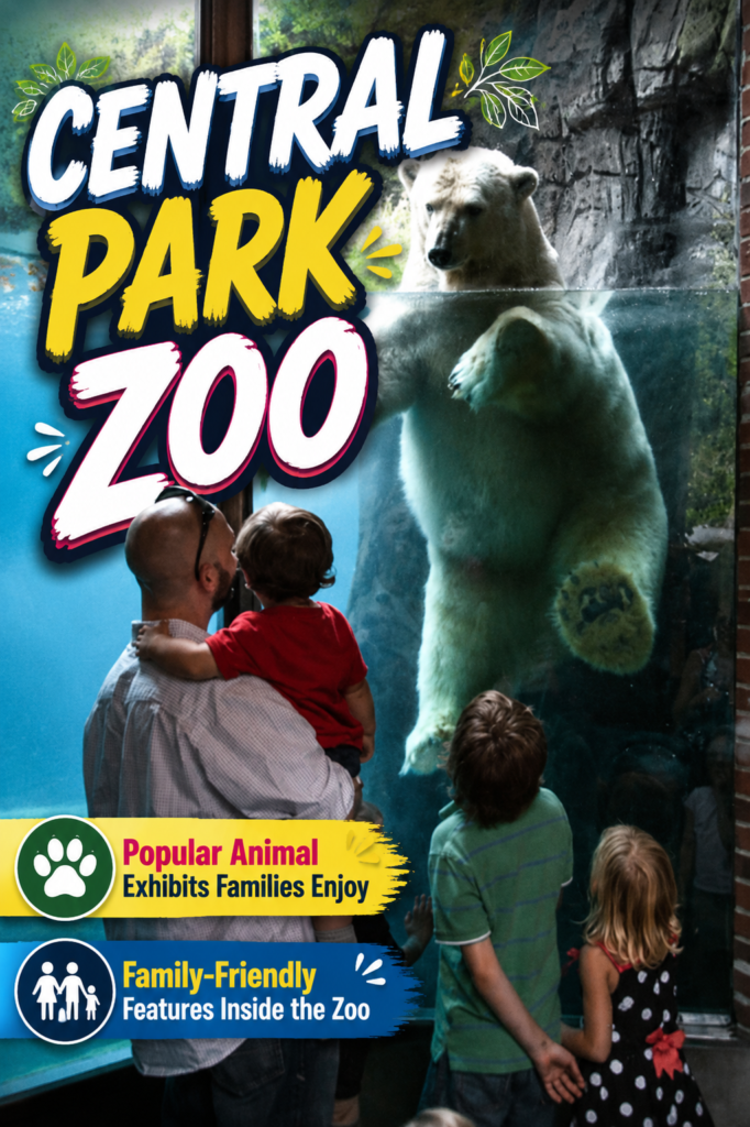 Family watches a polar bear through the Central Park Zoo viewing window, enjoying popular wildlife exhibits and memorable family-friendly experiences together.