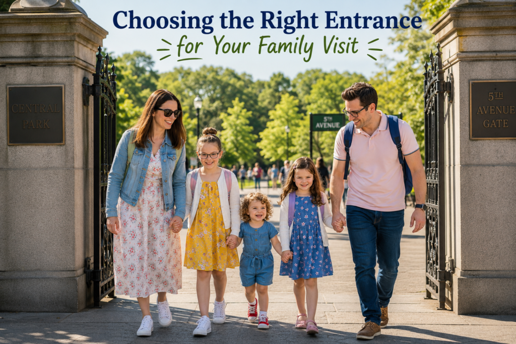 Family with three children enters Central Park through the Fifth Avenue Gate, smiling together beneath entrance signage, highlighting the importance of choosing the right entrance for families.