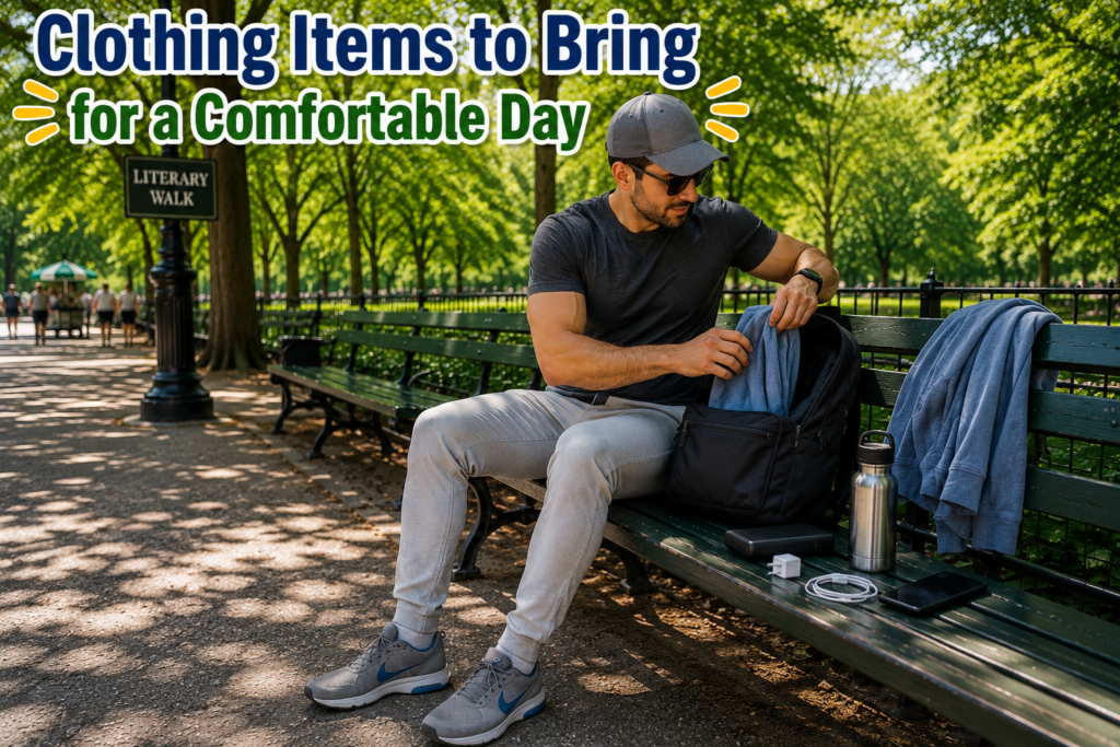 Man sits on a Literary Walk bench organizing backpack, with light jacket, socks, reusable bottle, smartphone, charger, and sunglasses beside him beneath leafy trees.