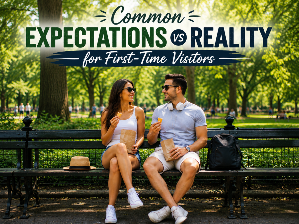 Couple relaxing on a Central Park bench, wearing sunglasses and enjoying snacks, with a hat beside them beneath the caption highlighting common expectations versus reality for first-time visitors.