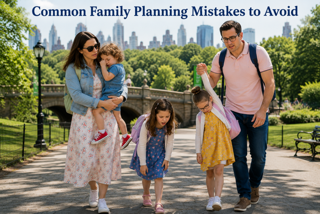 Tired family walks along a Central Park pathway, parents carrying exhausted children while everyone looks weary, illustrating common planning mistakes during long family sightseeing adventures.