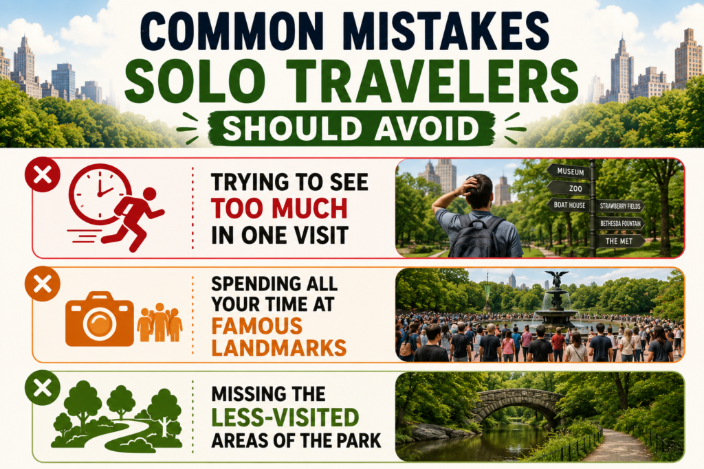 Infographic highlighting common solo traveler mistakes in Central Park, including overplanning, focusing only on famous landmarks, and overlooking peaceful hidden areas.