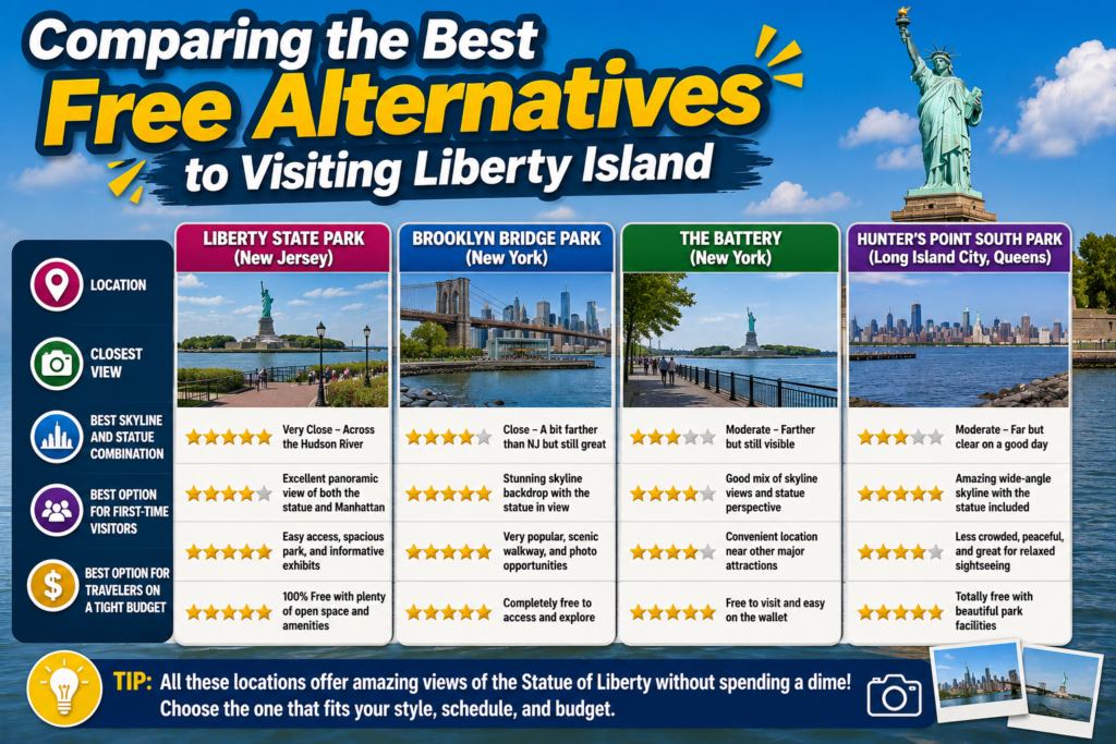Comparison infographic featuring the best free alternatives to visiting Liberty Island, evaluating closest views, skyline scenery, first-time visitor experience, and budget-friendly options across several popular Statue of Liberty viewing locations.