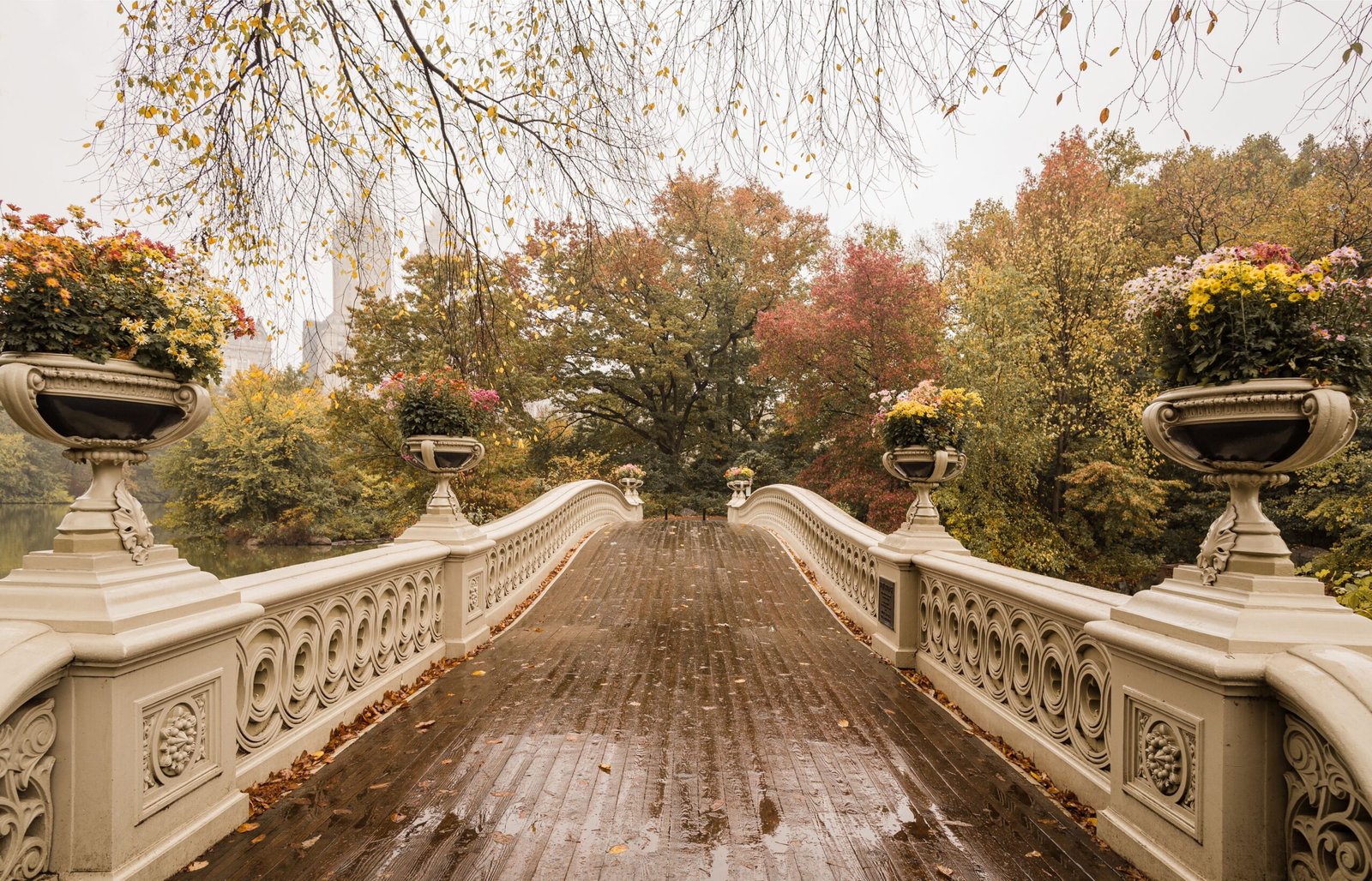 Bow Bridge walkway in Central Park featuring ornate railings, decorative flower urns, autumn trees, and rain-kissed wooden planks, showcasing elegant architecture and peaceful seasonal beauty.