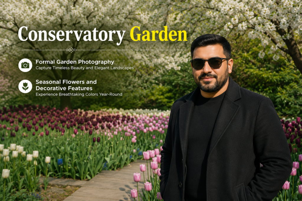 Half-body portrait of a smiling Iraqi man wearing sunglasses in Conservatory Garden, surrounded by colorful tulips, blooming trees, and captions highlighting formal garden photography with seasonal flowers and decorative features.