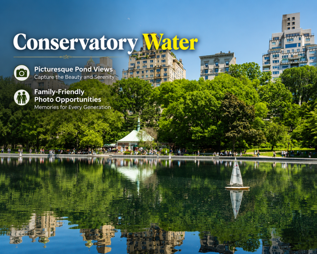 Conservatory Water reflects surrounding trees, city buildings, and a model sailboat beneath clear skies, featuring captions highlighting picturesque pond views and family-friendly photography opportunities in Central Park.