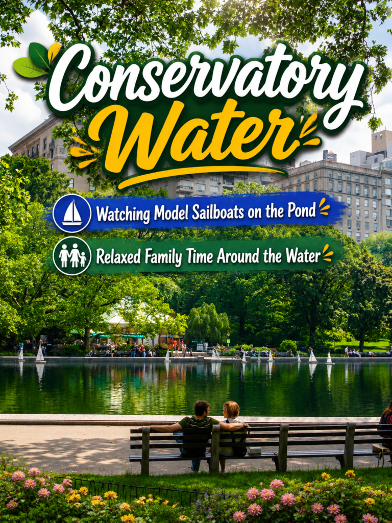 Conservatory Water in Central Park featuring families watching model sailboats, peaceful pond reflections, surrounding trees, skyline buildings, and colorful informational captions highlighting relaxed family activities beside the scenic waterfront.