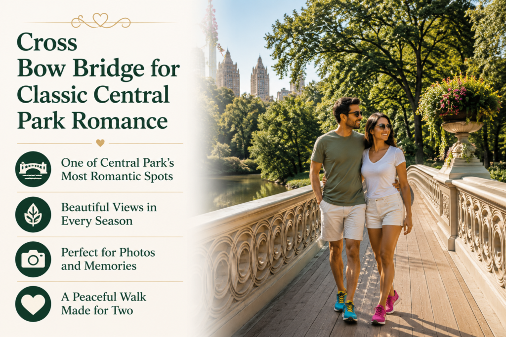 Romantic couple standing on Central Park's iconic Bow Bridge, admiring peaceful scenery with lush trees and elegant architecture. Mobile-friendly infographic highlights classic romance, scenic views, memorable walks, and photo opportunities.