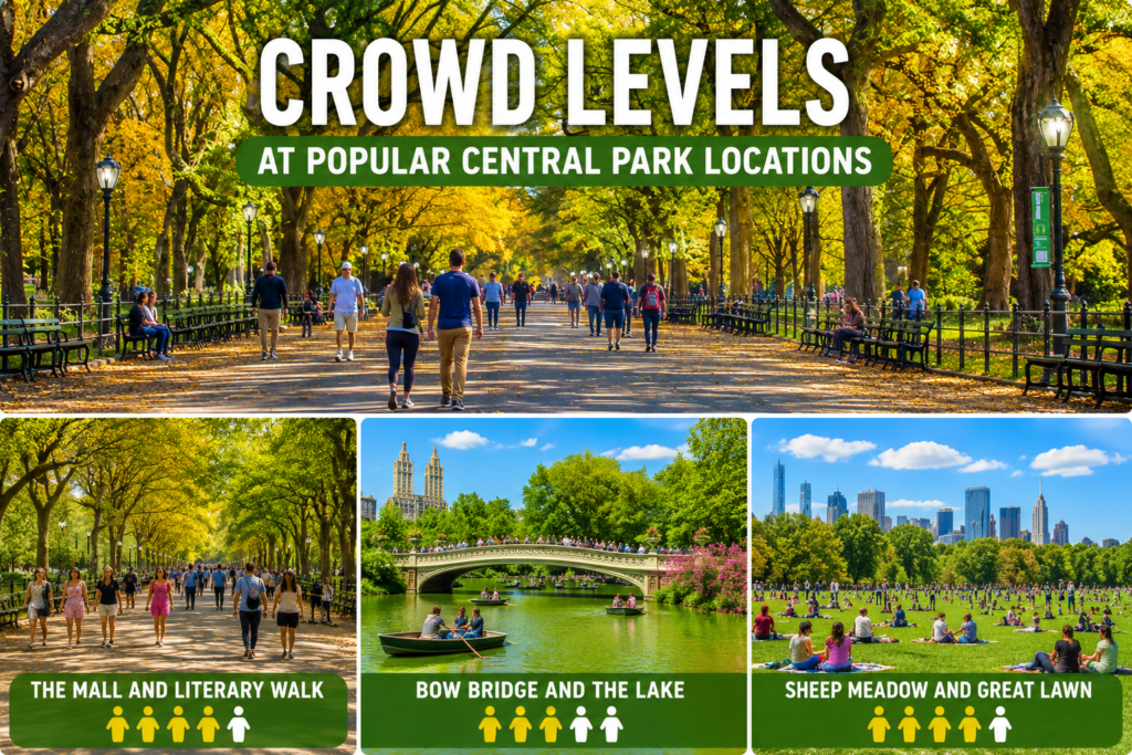 Infographic comparing crowd levels at Central Park's Mall, Bow Bridge, and Sheep Meadow with colorful scenes and visitor activity indicators.