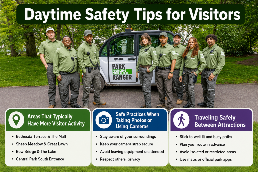 Landscape safety infographic featuring Central Park rangers with daytime visitor tips, highlighting busy areas, photography safety, and secure travel routes.