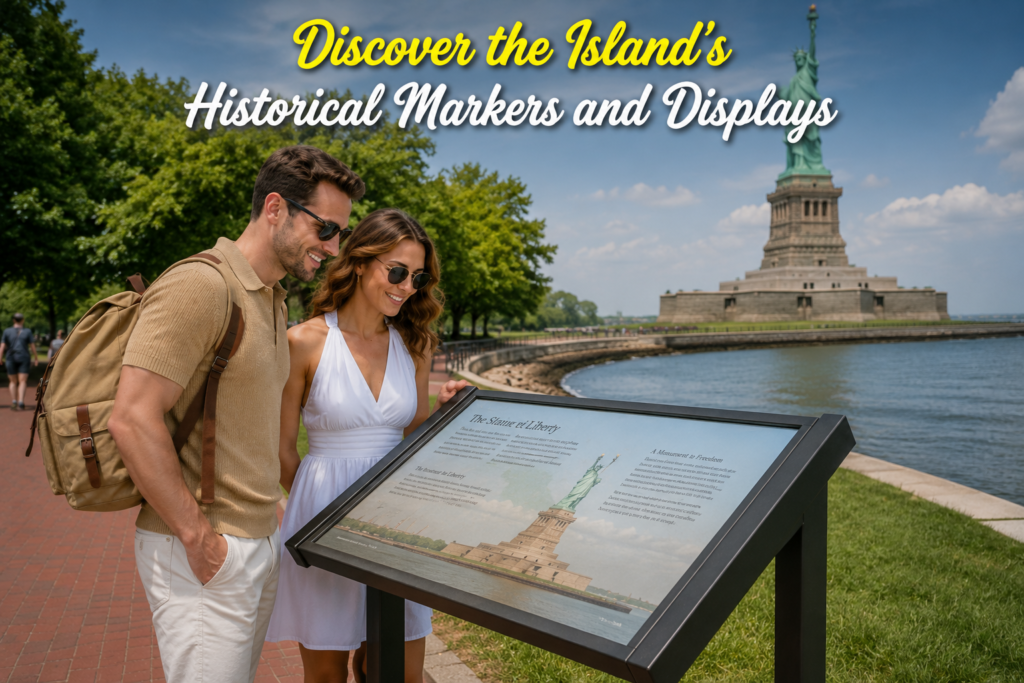 Couple reading an informational display on Liberty Island with the Statue of Liberty behind them, exploring historical markers and learning about the monument's history during their visit.