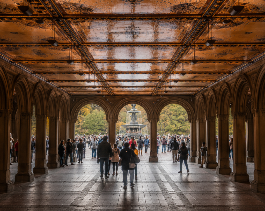 Bethesda Terrace Arcade in Central Park showcasing its iconic Minton tile ceiling, elegant stone arches, visitors strolling beneath historic passageways, and a framed view of Bethesda Fountain surrounded by colorful autumn foliage.