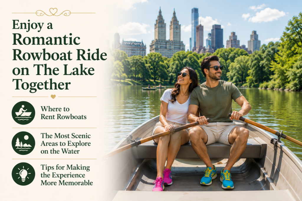 Romantic couple enjoying a rowboat ride on Central Park Lake with scenic water, lush trees, and New York skyline. Elegant infographic highlights rowboat rentals, scenic routes, and memorable boating experience tips.