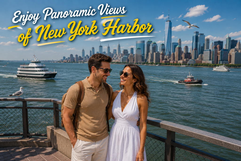 Smiling couple in matching travel outfits and sunglasses enjoys panoramic New York Harbor views from Liberty Island, with Lower Manhattan skyline, ferries, boats, gulls, and sparkling waterfront.