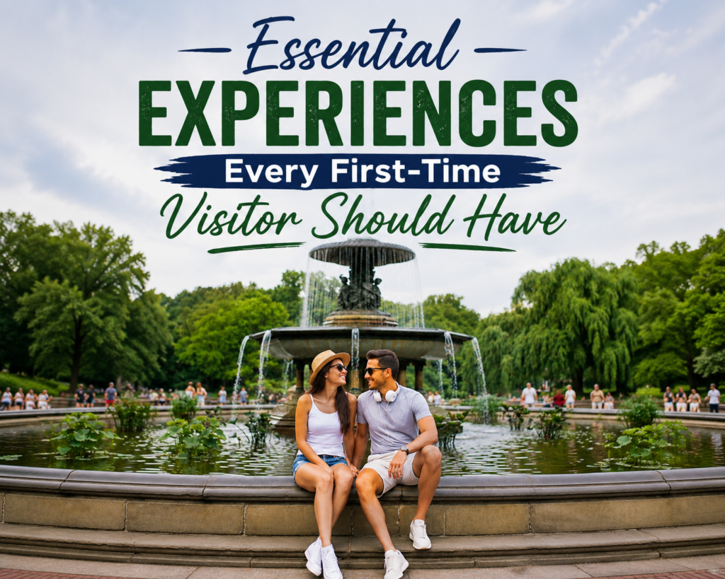 Couple relaxing beside Bethesda Fountain in Central Park, enjoying a peaceful moment with lush greenery, cascading water, and the iconic Angel of the Waters statue in the background.