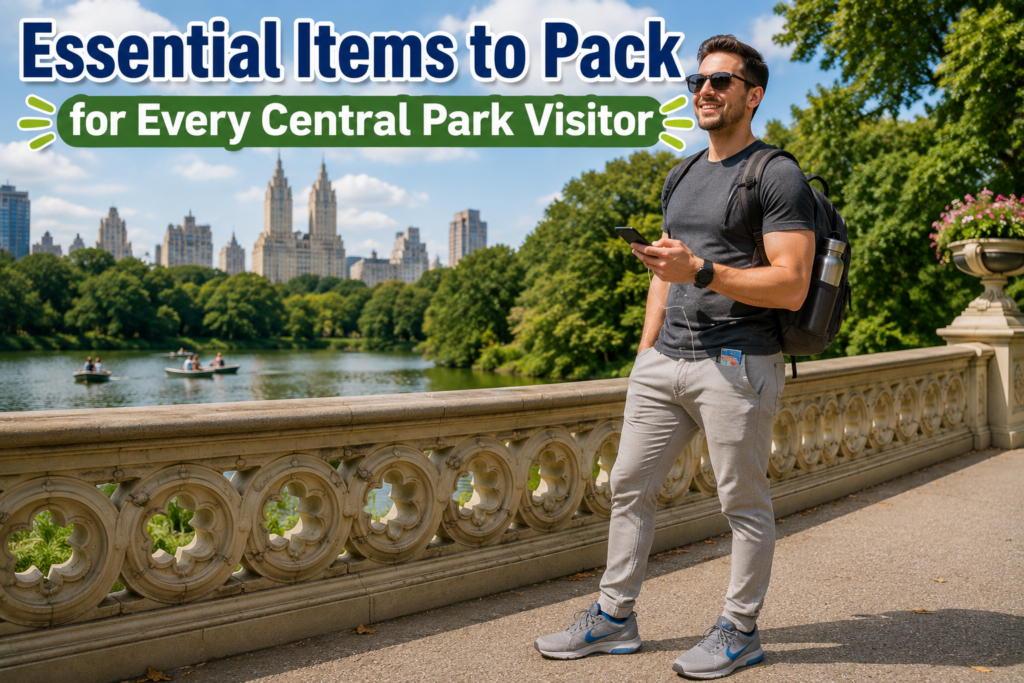 Man stands ready for Central Park adventure wearing backpack, sunglasses, comfortable walking shoes, carrying smartphone, charger, reusable bottle, and essentials confidently.