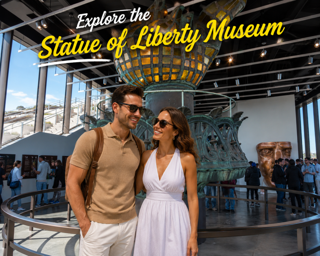 Smiling couple wearing matching travel outfits and sunglasses poses naturally inside the Statue of Liberty Museum before the historic torch exhibit, with visitors, modern architecture, and warm lighting creating an authentic atmosphere.