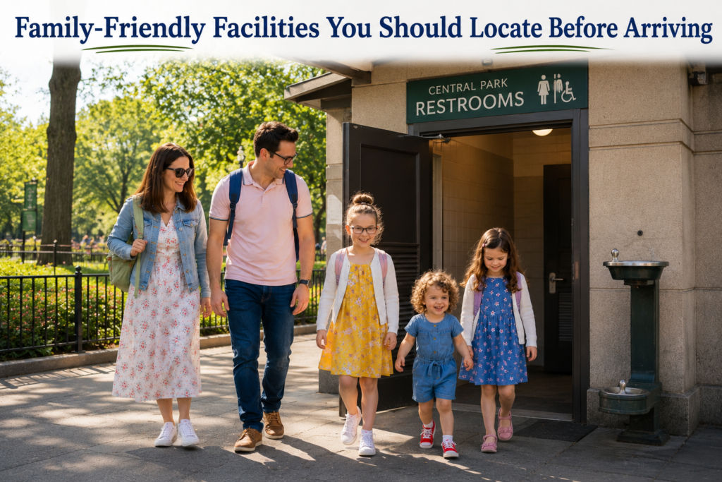 A cute family of five exits Central Park restrooms together, smiling in bright sunshine, highlighting convenient family-friendly facilities before continuing their park adventure.