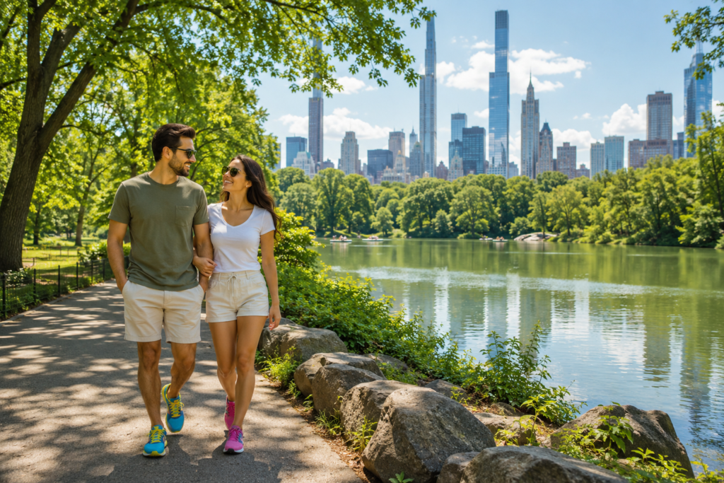 Romantic couple walking beside a peaceful Central Park lake beneath leafy trees, with New York City skyline behind. Bright summer scenery captures love, relaxation, scenic beauty, and unforgettable moments together.