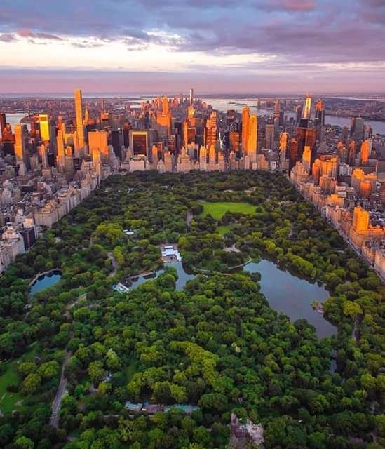 Aerial view of Central Park surrounded by the Manhattan skyline at sunset, showcasing lush greenery, lakes, winding paths, and urban landscapes.