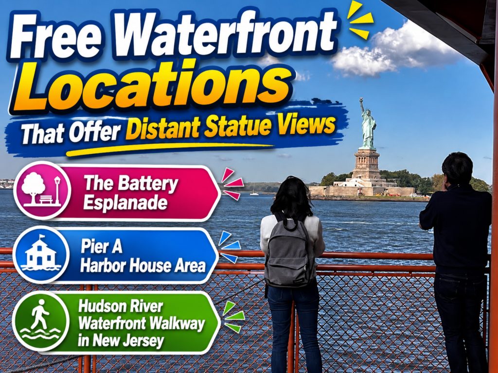 People enjoying distant free views of the Statue of Liberty from a waterfront, featuring colorful informational captions highlighting the Battery Esplanade, Pier A Harbor House Area, and Hudson River Waterfront Walkway in New Jersey.