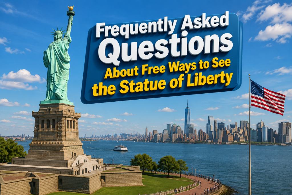 3D illustration of the Statue of Liberty from behind with an American flag, featuring a bold FAQ heading about free ways to see the landmark.