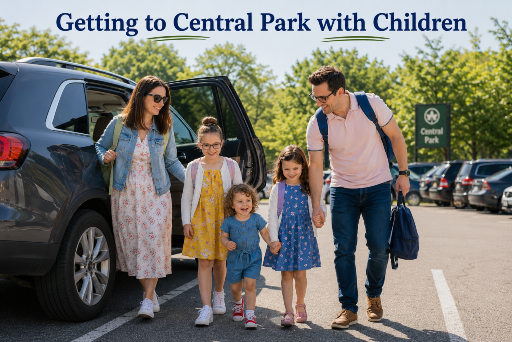 Happy family of five exits their car in Central Park parking lot, smiling with backpacks, ready for adventure. Parents and three children begin their exciting day together under bright, sunny skies.