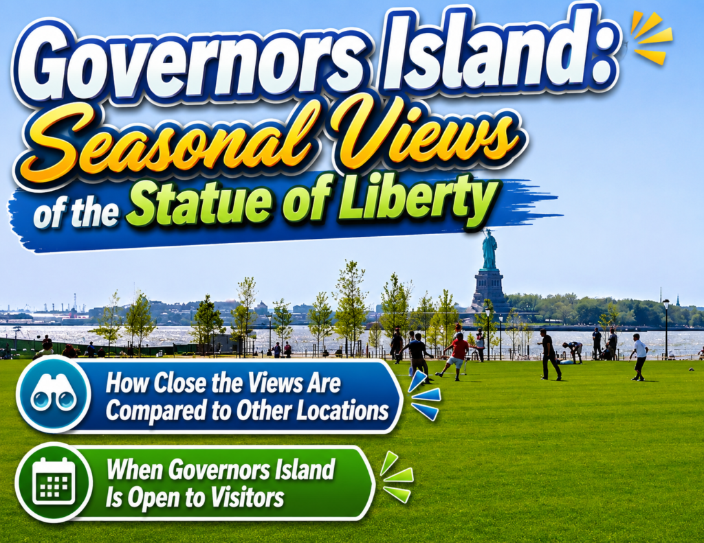 Governors Island park with visitors enjoying seasonal Statue of Liberty views, featuring colorful informational captions about viewing distance, scenic perspectives, and seasonal opening dates for public access.