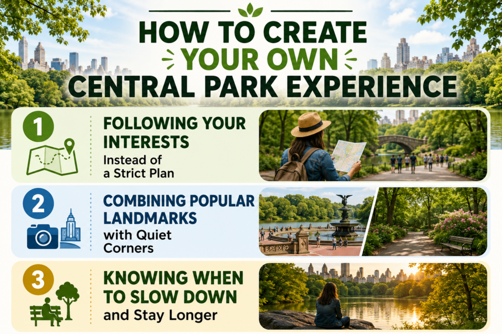 Infographic showing how to create your own Central Park experience by following personal interests, combining famous landmarks with peaceful corners, and slowing down to enjoy scenic views, walking paths, and nature.