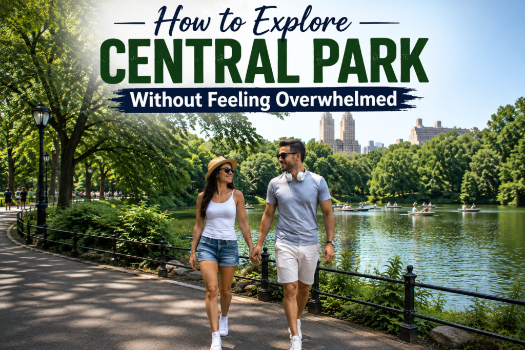 Happy couple holding hands while strolling beside Central Park's lakeside paths after visiting Bethesda Terrace, enjoying peaceful scenery beneath trees with caption, How to Explore Central Park Without Feeling Overwhelmed.