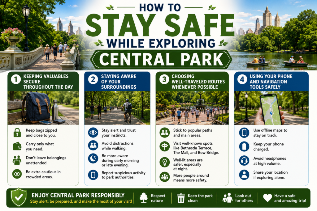 Landscape travel infographic illustrating practical Central Park safety tips, including securing valuables, staying aware, choosing well-traveled paths, and using navigation tools responsibly, with colorful park scenes, icons, and concise guidance.