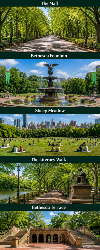 Vertical collage featuring The Mall, Bethesda Fountain, Sheep Meadow, The Literary Walk, and Bethesda Terrace, showcasing iconic Central Park attractions in a vibrant travel guide infographic.